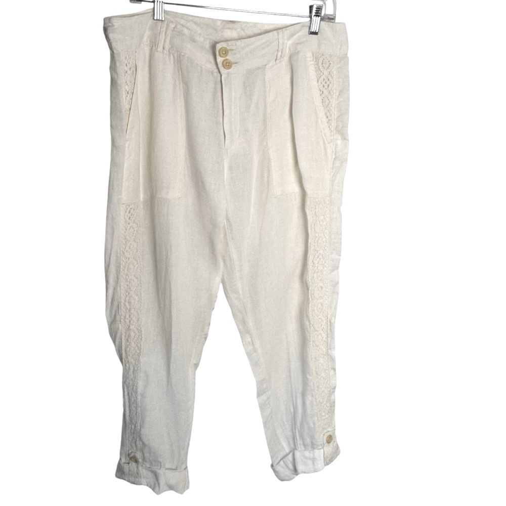 Sundance‎  linen high waisted crochet lace trimmed straight leg ivory beachy